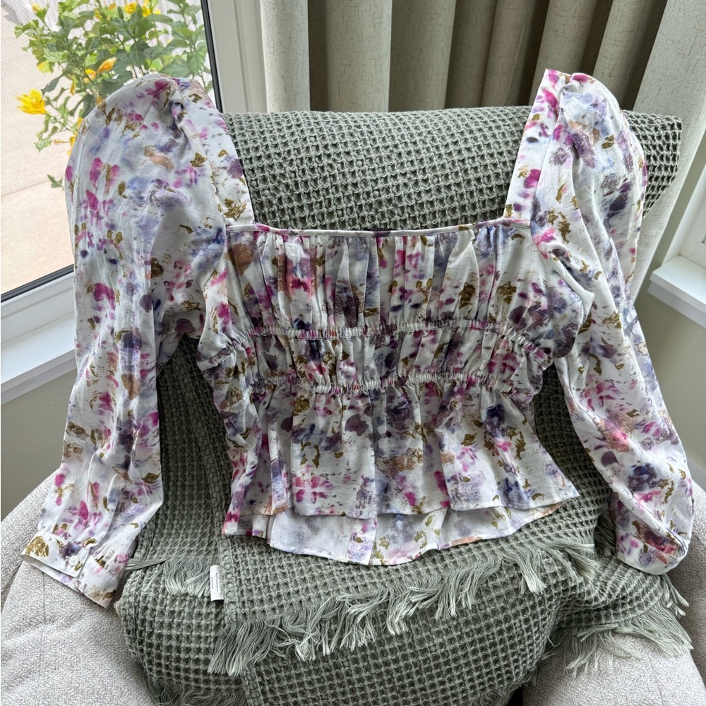 J. Crew Cream Puff Sleeve Smocked Blouse - Picture 2 of 2